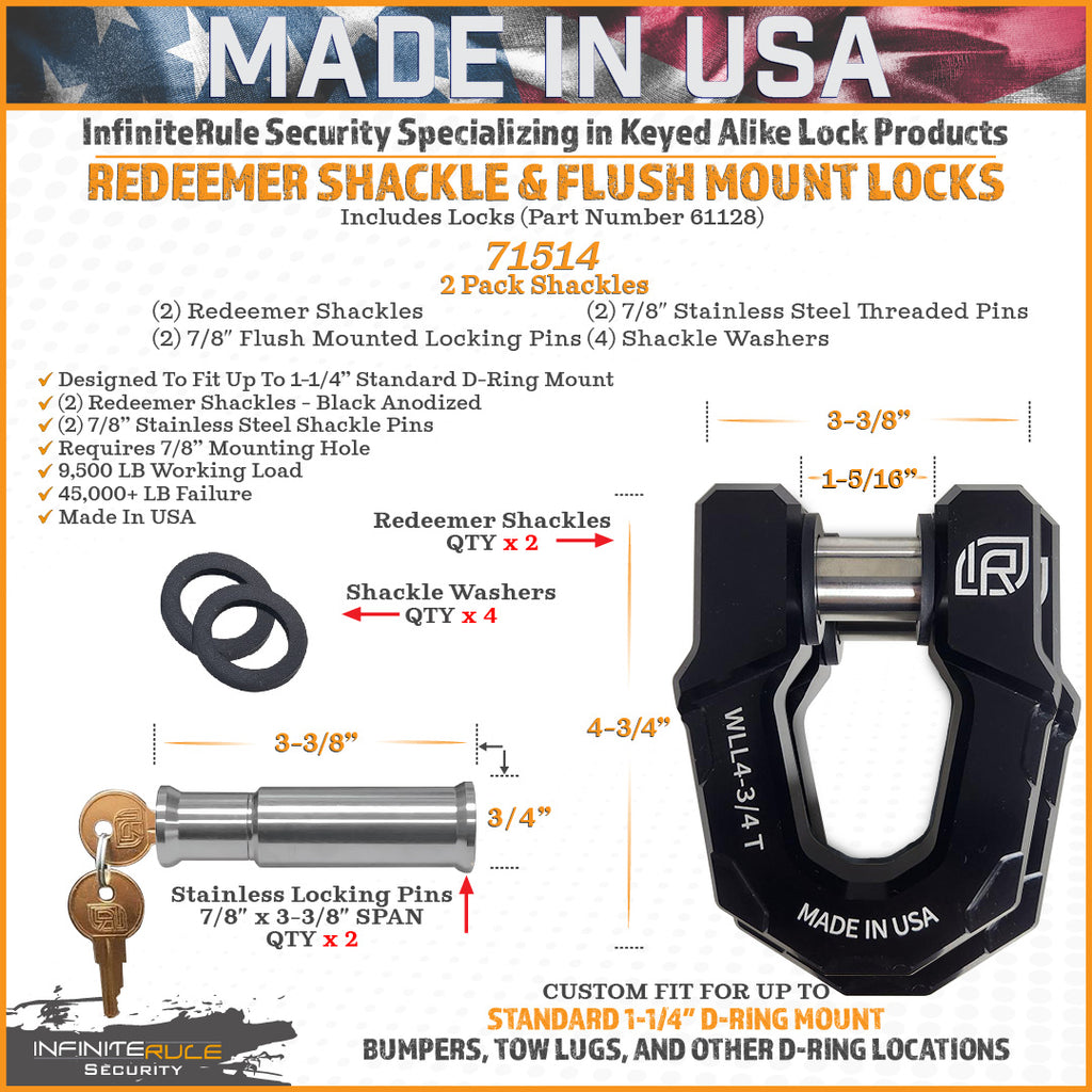 71514 | 2 Pack With Locks, Redeemer Locking D-Ring Shackles, Black Anodized Aluminum, Heavy-Duty for Off-Road Vehicle Recover