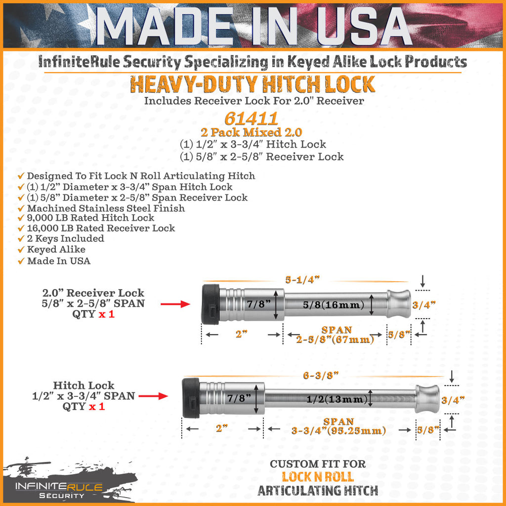 61411 | 2 Pack Mixed 2.0, Keyed Alike, Hitch Lock For Lock N Roll Articulating Hitch - Includes Lock For 2.0" Receiver - DOES