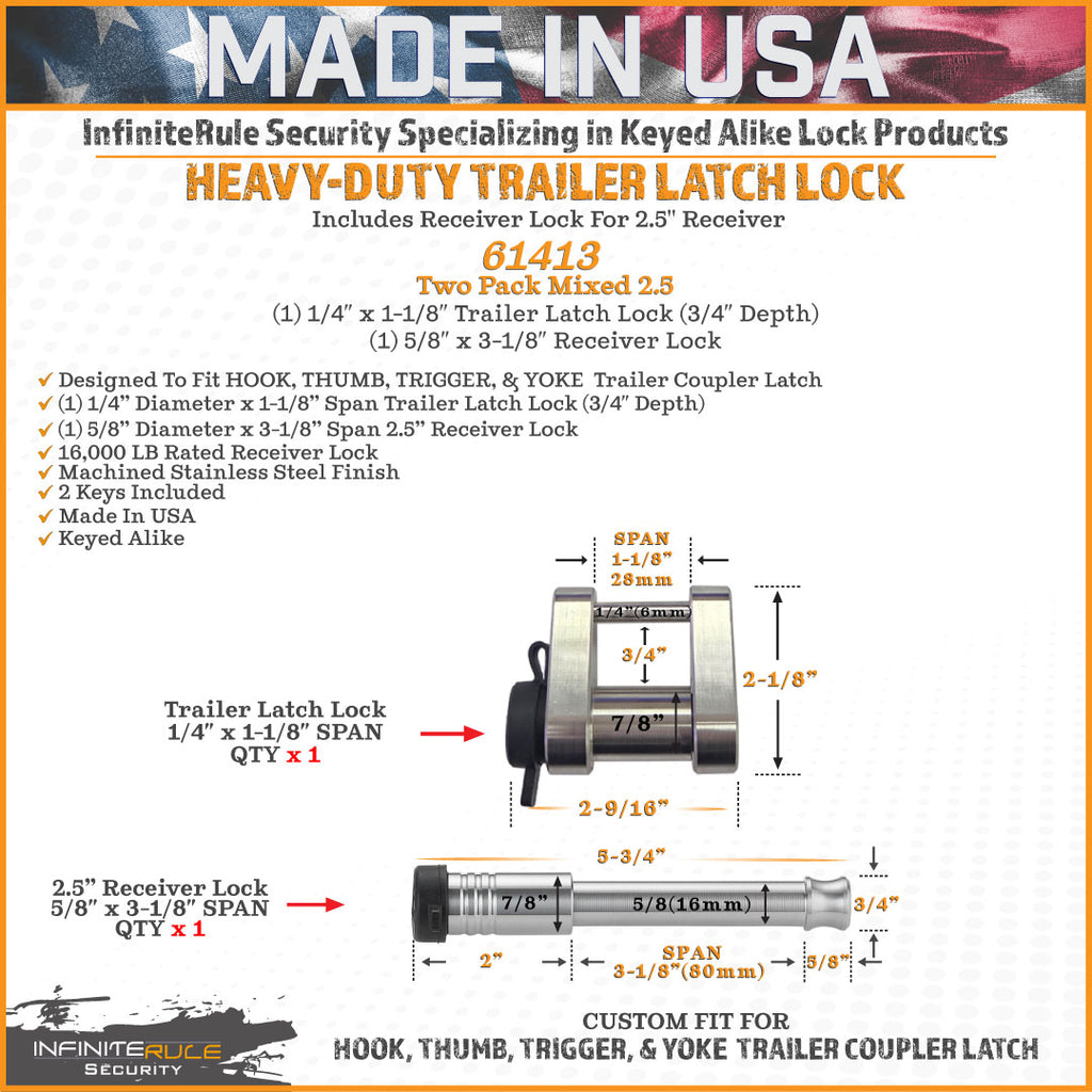 61413 | 2 Pack Mixed 2.5, Keyed Alike, Trailer Latch Lock For HOOK, THUMB, TRIGGER, & YOKE Trailer Coupler Latch - Includes L