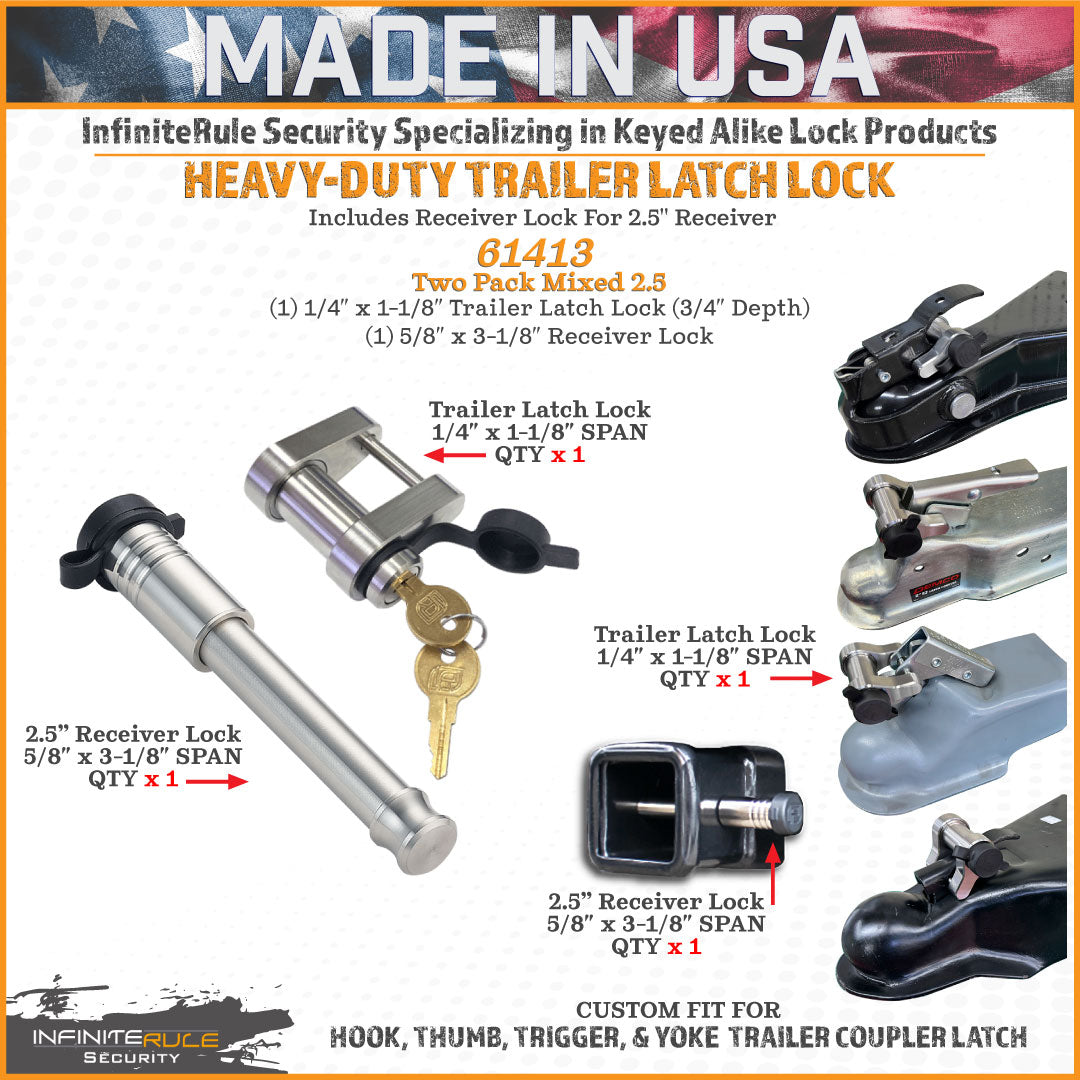 61413 | 2 Pack Mixed 2.5, Keyed Alike, Trailer Latch Lock For HOOK, THUMB, TRIGGER, & YOKE Trailer Coupler Latch - Includes L