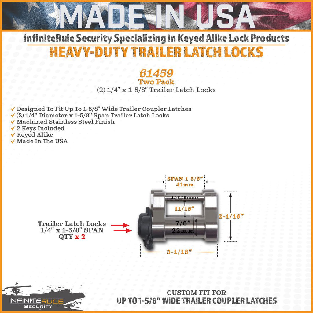 61459 | 2 Pack, Keyed Alike, Trailer Latch Locks For Up To 1-5/8" Wide Trailer Coupler Latch - (11/16" Depth)