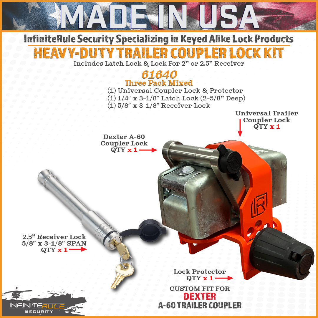 61640 | 3 Pack Mixed, Keyed Alike, Locks For DEXTER A-60 2″ Ball Coupler w/ Protector, Latch, & 2" or 2.5” Receiver