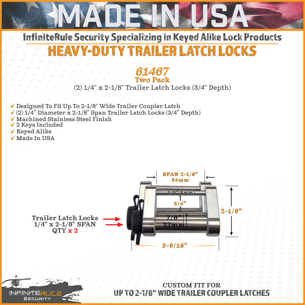 61467 | 2 Pack, Keyed Alike, Trailer Latch Locks For Up To 2-1/8" Wide Trailer Coupler Latch - (3/4" Depth)