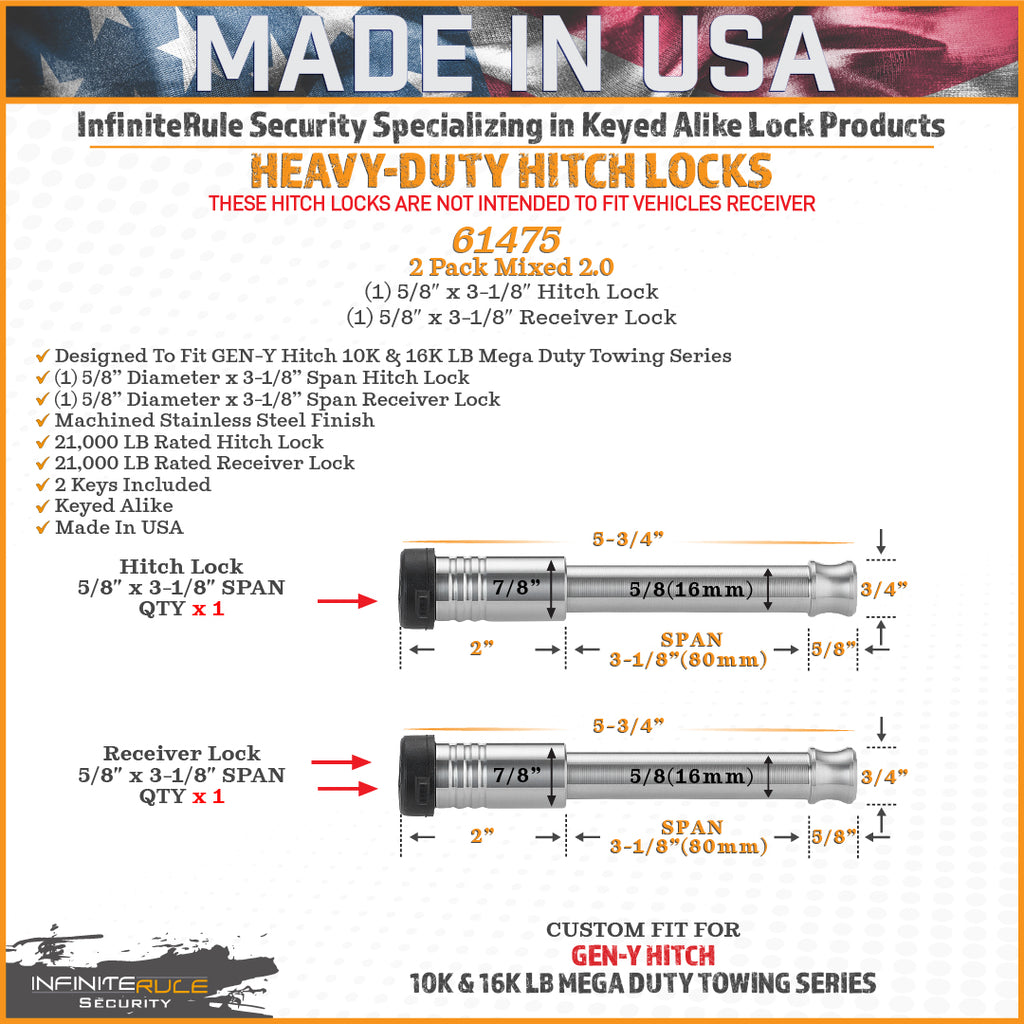 61475 | 2 Pack Mixed 2.5, Keyed Alike, Hitch Lock For Gen-Y Hitch Mega Duty 10K LB & 16K LB Series - Includes Lock For 2.5" R