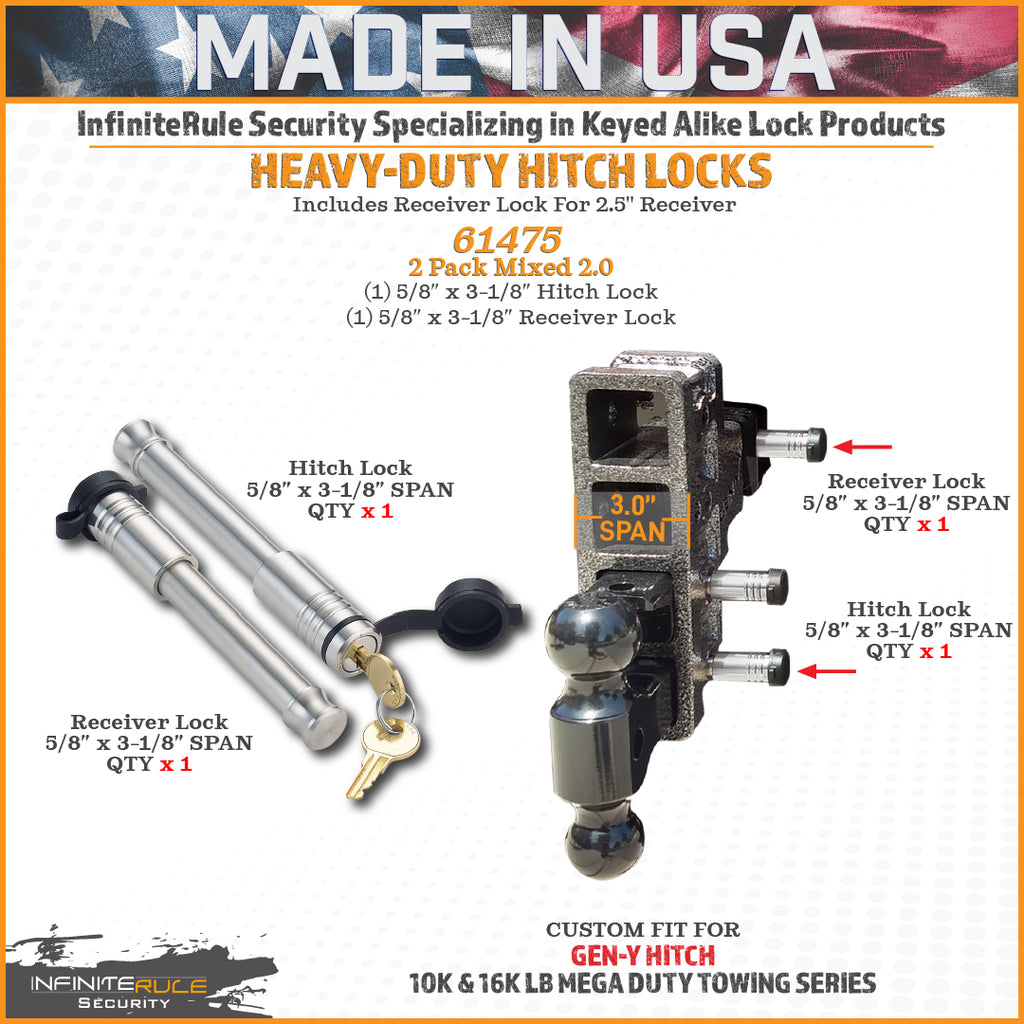 61475 | 2 Pack Mixed 2.5, Keyed Alike, Hitch Lock For Gen-Y Hitch Mega Duty 10K LB & 16K LB Series - Includes Lock For 2.5" R