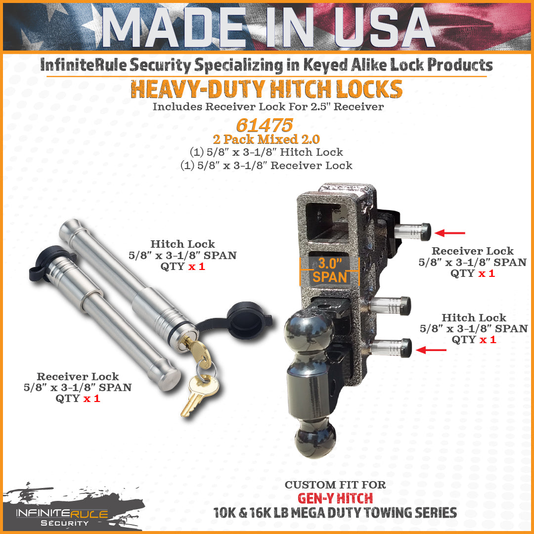 61475 | 2 Pack Mixed 2.5, Keyed Alike, Hitch Lock For Gen-Y Hitch Mega Duty 10K LB & 16K LB Series - Includes Lock For 2.5" R