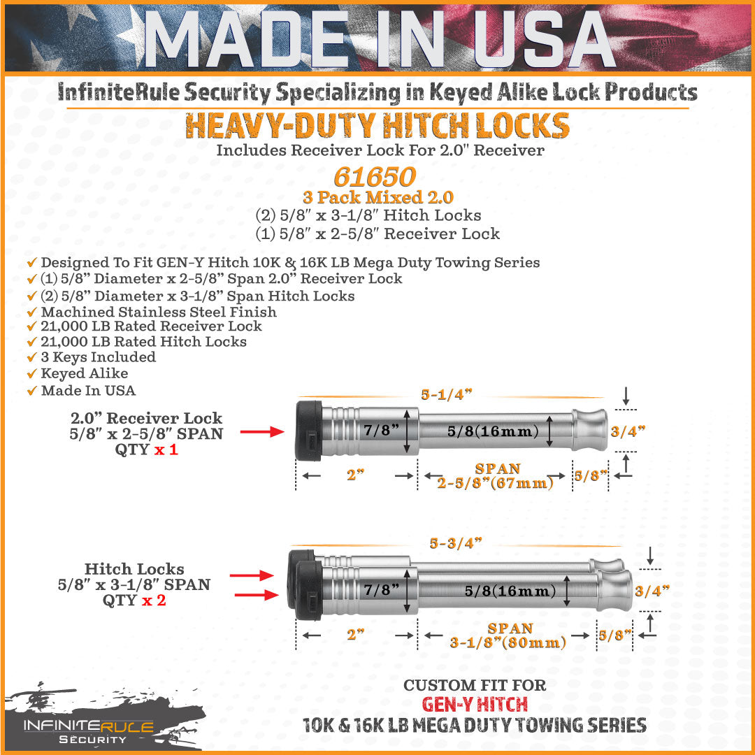 61650 | 3 Pack Mixed 2.0, Keyed Alike, Hitch Locks For Gen-Y Hitch Mega Duty 10K LB & 16K LB Series - Includes Lock For 2.0" 