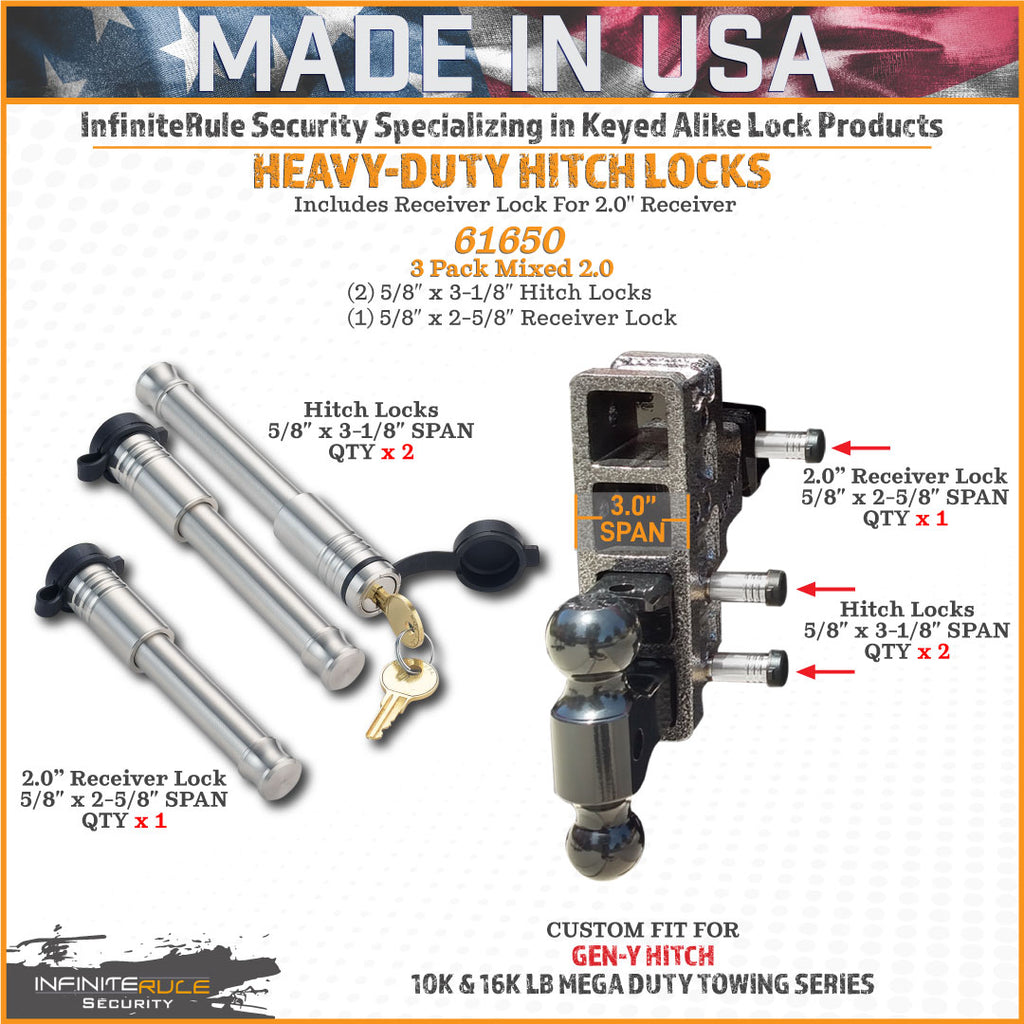 61650 | 3 Pack Mixed 2.0, Keyed Alike, Hitch Locks For Gen-Y Hitch Mega Duty 10K LB & 16K LB Series - Includes Lock For 2.0" 