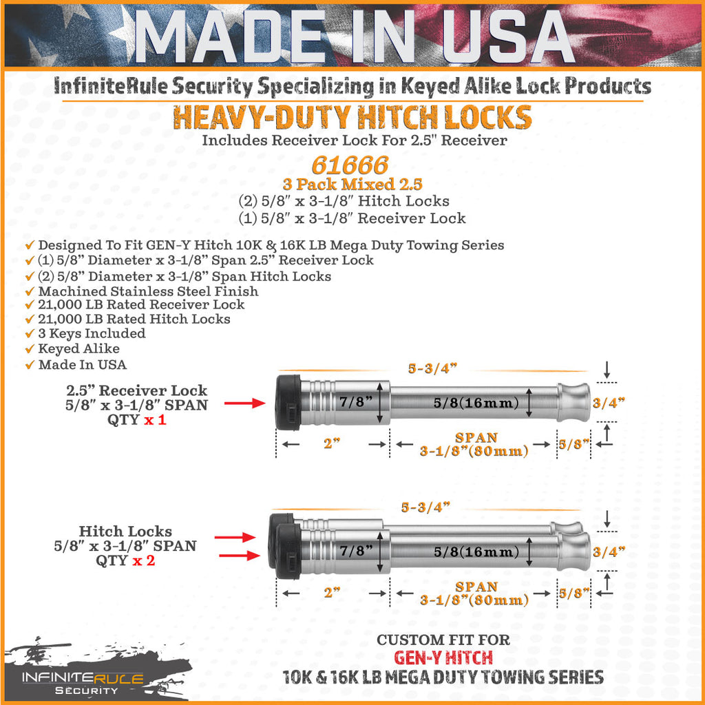 61666 | 3 Pack Mixed 2.5, Keyed Alike, Hitch Locks For Gen-Y Hitch Mega Duty 10K LB & 16K LB Series - Includes Lock For 2.5" 