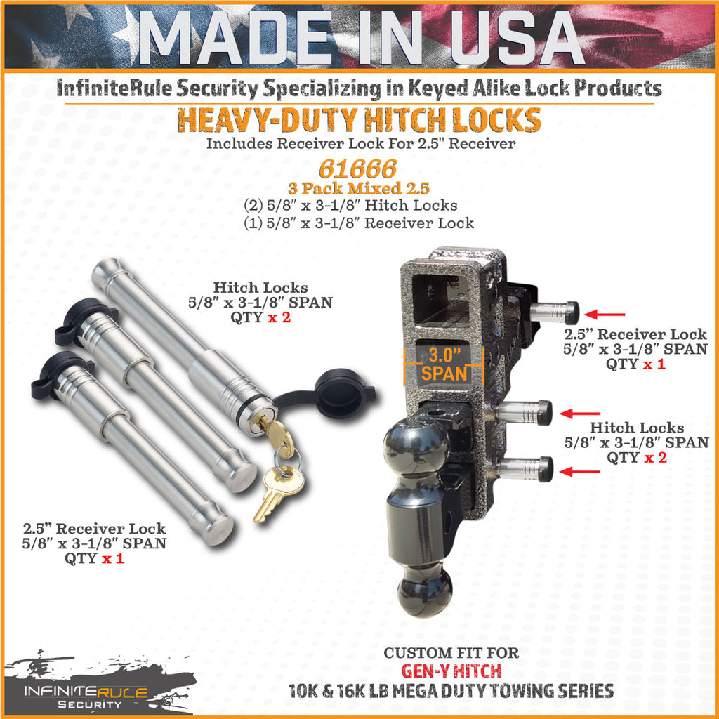 61666 | 3 Pack Mixed 2.5, Keyed Alike, Hitch Locks For Gen-Y Hitch Mega Duty 10K LB & 16K LB Series - Includes Lock For 2.5" 