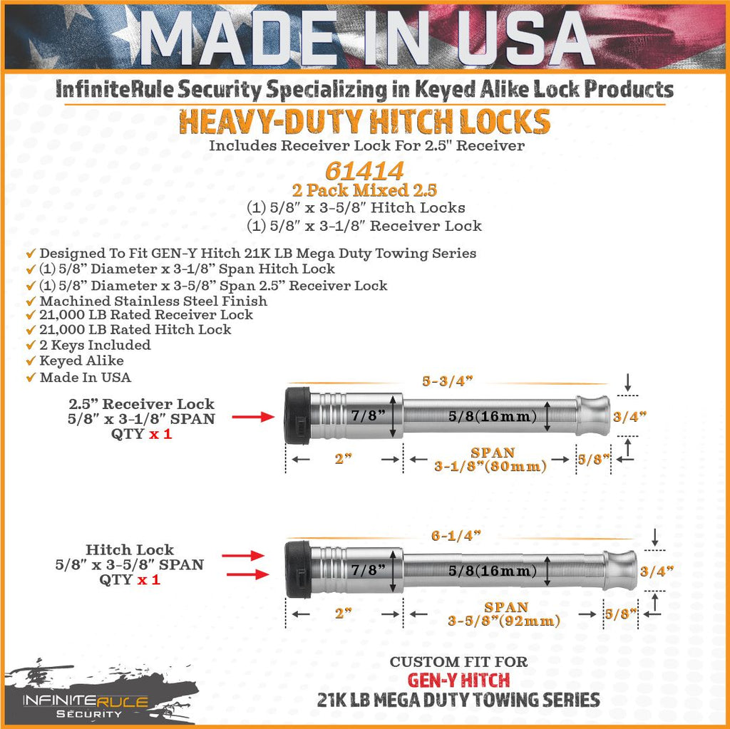 61414 | 2 Pack Mixed 2.5, Keyed Alike, Hitch Locks For Gen-Y Hitch 21K LB Mega Duty Series - Includes Lock For 2.5" Receiver