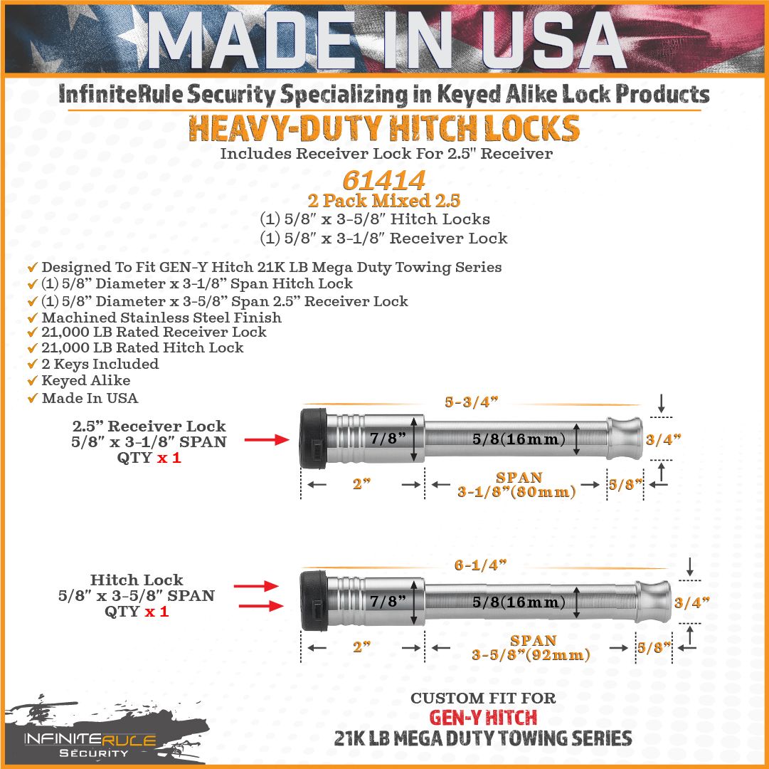 61414 | 2 Pack Mixed 2.5, Keyed Alike, Hitch Locks For Gen-Y Hitch 21K LB Mega Duty Series - Includes Lock For 2.5" Receiver