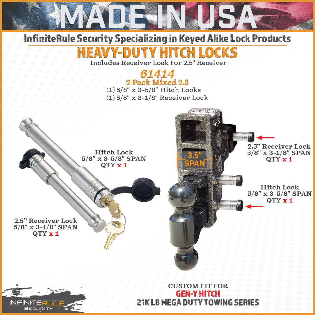 61414 | 2 Pack Mixed 2.5, Keyed Alike, Hitch Locks For Gen-Y Hitch 21K LB Mega Duty Series - Includes Lock For 2.5" Receiver
