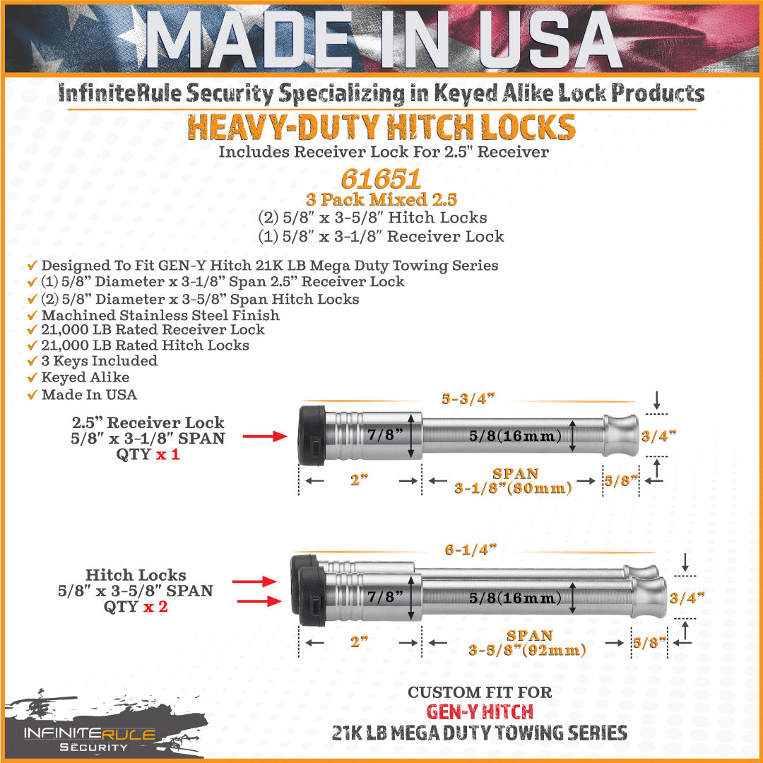 61651 | 3 Pack Mixed 2.5, Keyed Alike, Hitch Locks For Gen-Y Hitch Mega Duty 21K LB Series - Includes Lock For 2.5" Receiver