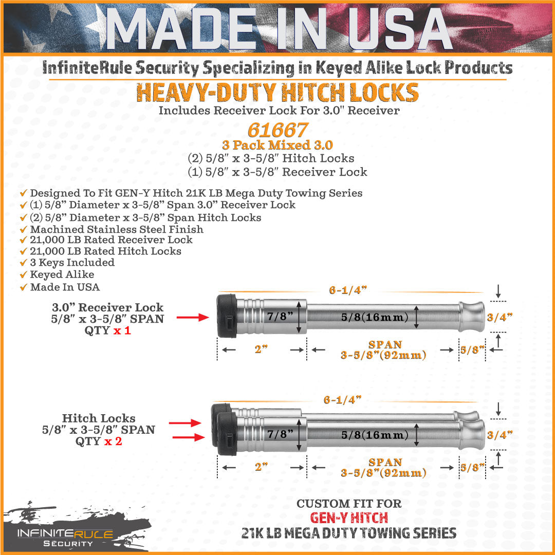 61667 | 3 Pack Mixed 3.0, Keyed Alike, Hitch Locks For Gen-Y Hitch Mega Duty 21K LB Series - Includes Lock For 3.0" Receiver