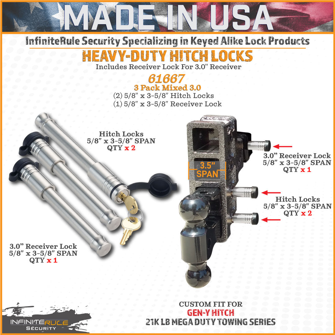 61667 | 3 Pack Mixed 3.0, Keyed Alike, Hitch Locks For Gen-Y Hitch Mega Duty 21K LB Series - Includes Lock For 3.0" Receiver