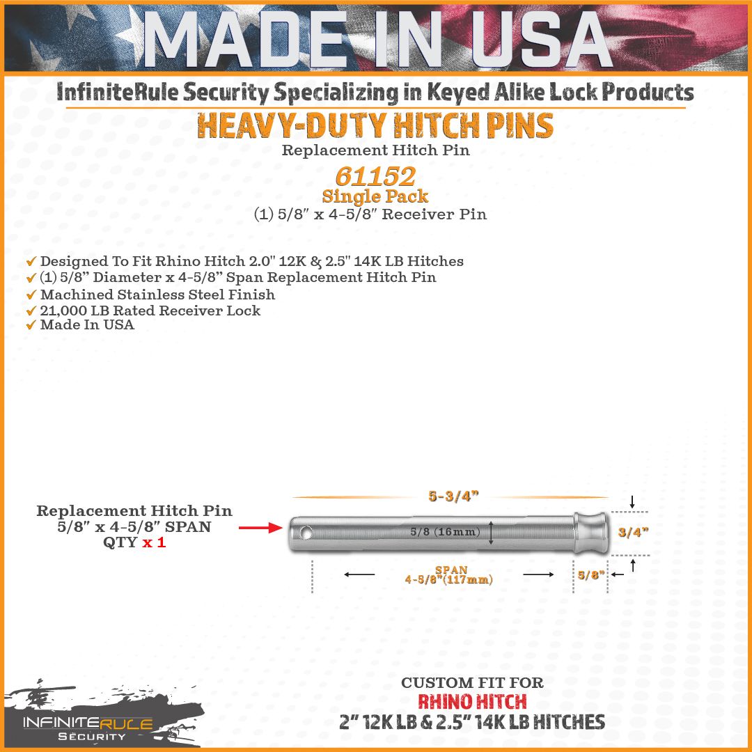 61152 | Hitch Pin For Rhino Hitch 2.0" 12K & 2.5" 14K LB Hitches