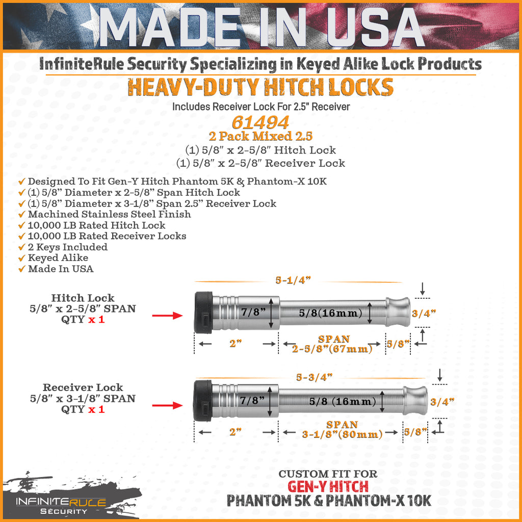 61494 | 2 Pack Mixed 2.5, Keyed Alike, Hitch Locks For Gen-Y Hitch Phantom-X 10K & Phantom 5K Hitches - Includes Lock For 2.5