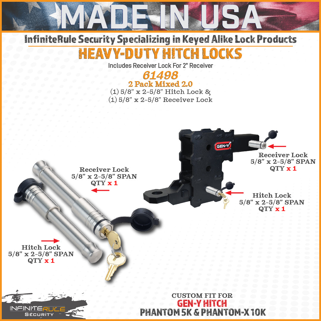 61498 | 2 Pack Mixed 2.0, Keyed Alike, Hitch Locks For Gen-Y Hitch Phantom-X 10K & Phantom 5K Hitches - Includes Lock For 2" 