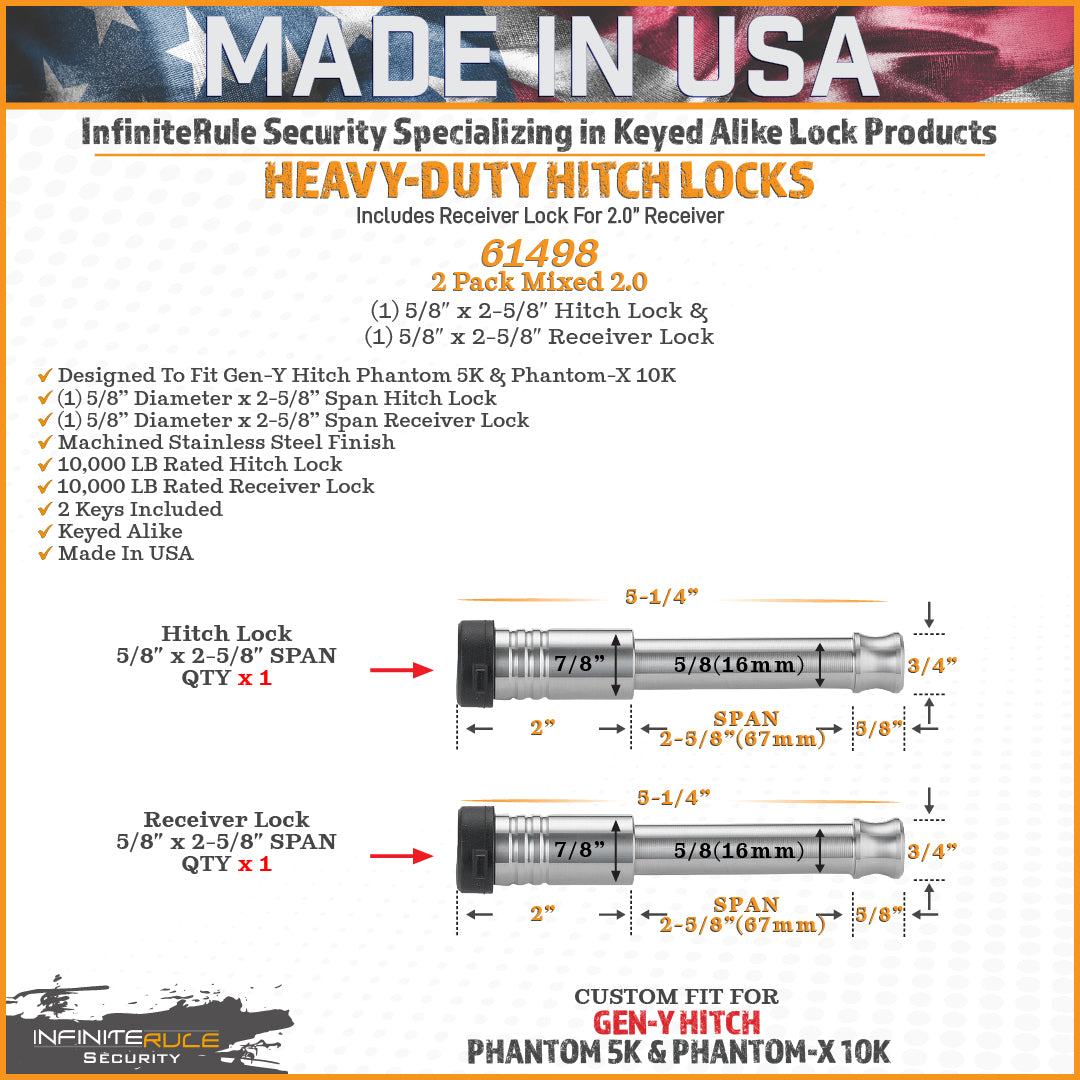 61498 | 2 Pack Mixed 2.0, Keyed Alike, Hitch Locks For Gen-Y Hitch Phantom-X 10K & Phantom 5K Hitches - Includes Lock For 2" 