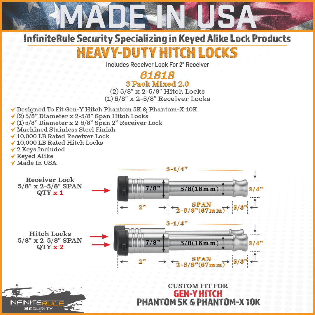 61818 | 3 Pack Mixed 2.5, Keyed Alike, Hitch Locks For Gen-Y Hitch Phantom-X 10K & Phantom 5K Hitches - Includes Lock For 2" 