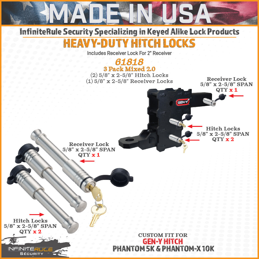 61818 | 3 Pack Mixed 2.5, Keyed Alike, Hitch Locks For Gen-Y Hitch Phantom-X 10K & Phantom 5K Hitches - Includes Lock For 2" 