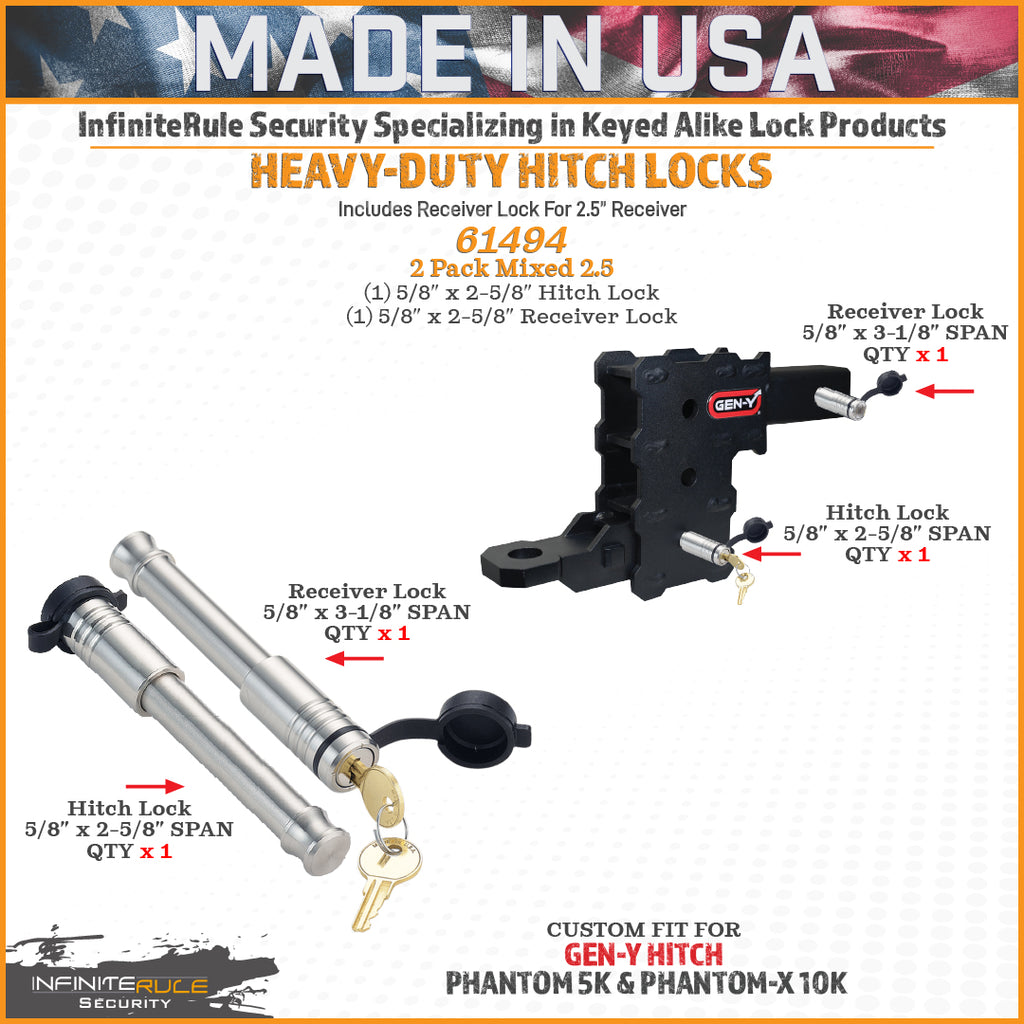 61494 | 2 Pack Mixed 2.5, Keyed Alike, Hitch Locks For Gen-Y Hitch Phantom-X 10K & Phantom 5K Hitches - Includes Lock For 2.5