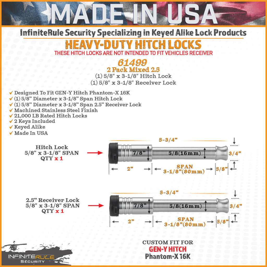 61499 | 2 Pack, Keyed Alike, Hitch Locks For Gen-Y Hitch Phantom-X 16K & Phantom Flip & Tow Hitches - Fits Adjustable Ball Mo
