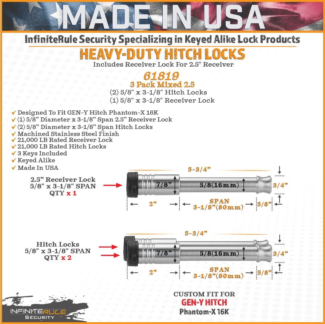 61819 | 3 Pack Mixed 2.5, Keyed Alike, Hitch Locks For Gen-Y Hitch Phantom-X 16K & Phantom Flip & Tow Hitches - Includes Lock