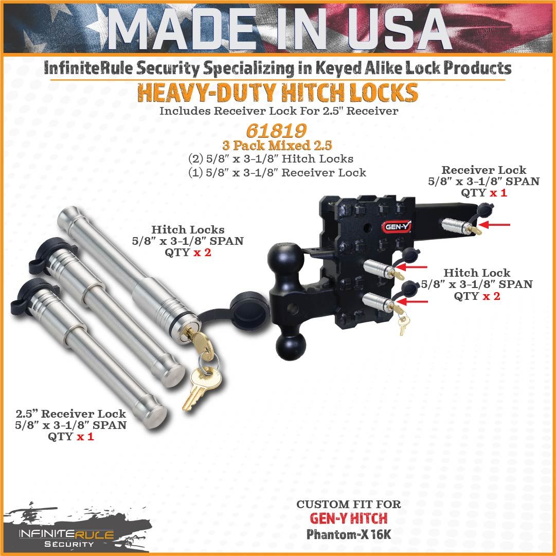 61819 | 3 Pack Mixed 2.5, Keyed Alike, Hitch Locks For Gen-Y Hitch Phantom-X 16K & Phantom Flip & Tow Hitches - Includes Lock