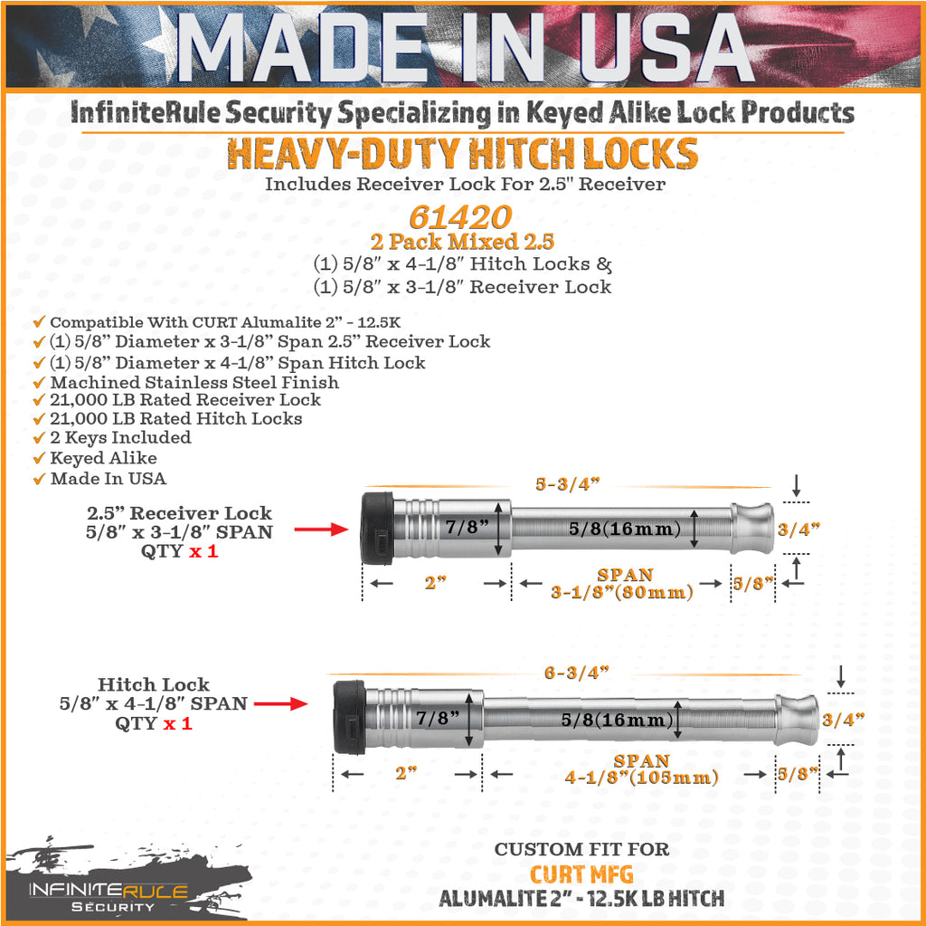 61420 | 2 Pack Mixed 2.5, Keyed Alike, Hitch Lock For Curt Alumalite Adjustable Hitch 2" 12.5K LB - Includes Lock For 2.5" Re