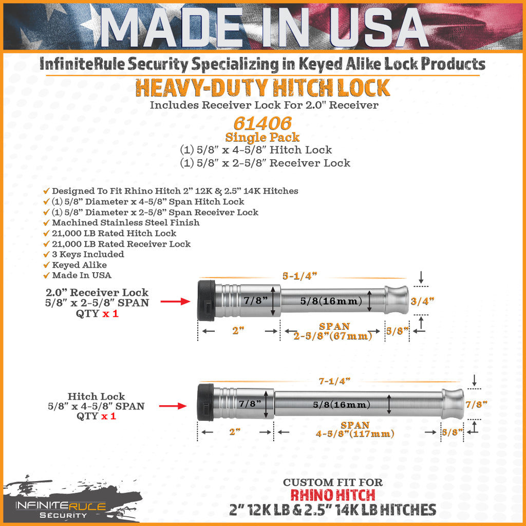 61406 | 2 Pack Mixed 2.0, Keyed Alike, Hitch Lock For Rhino Hitch 2.0" 12K & 2.5" 14K LB Hitches - Includes Lock For 2.0" Rec
