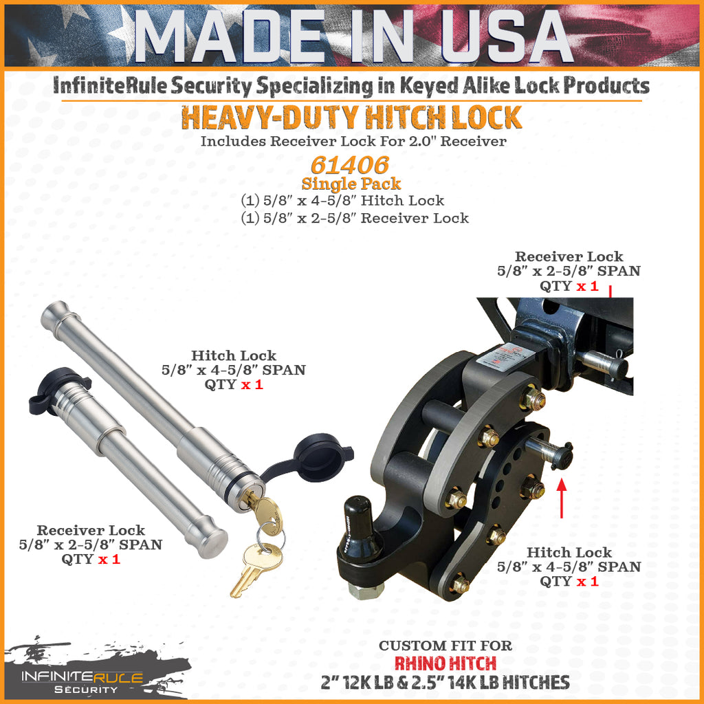 61406 | 2 Pack Mixed 2.0, Keyed Alike, Hitch Lock For Rhino Hitch 2.0" 12K & 2.5" 14K LB Hitches - Includes Lock For 2.0" Rec