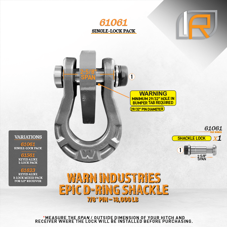 61061 | Shackle Lock For Warn Epic D-Ring Shackle 18K LB - DOES NOT FIT OTHER STYLE HOOKS & SHACKLES