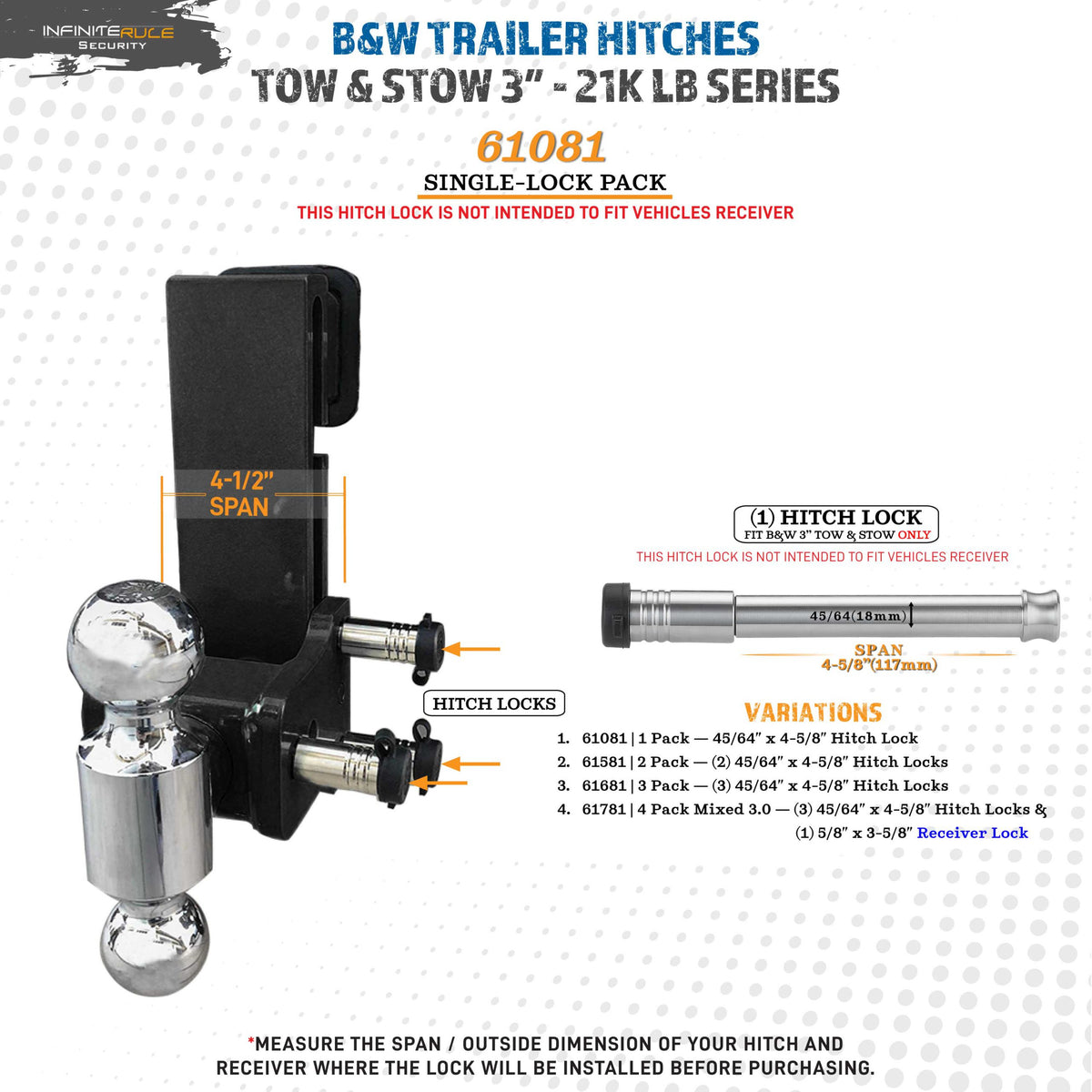 61081 | Hitch Lock For B&W 3" Tow And Stow 21K LB Hitch - Fits Adjustable Ball Mount Only - DOES NOT FIT Vehicle Receiver