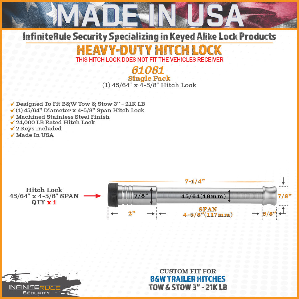 61081 | Hitch Lock For B&W 3" Tow And Stow 21K LB Hitch - Fits Adjustable Ball Mount Only - DOES NOT FIT Vehicle Receiver