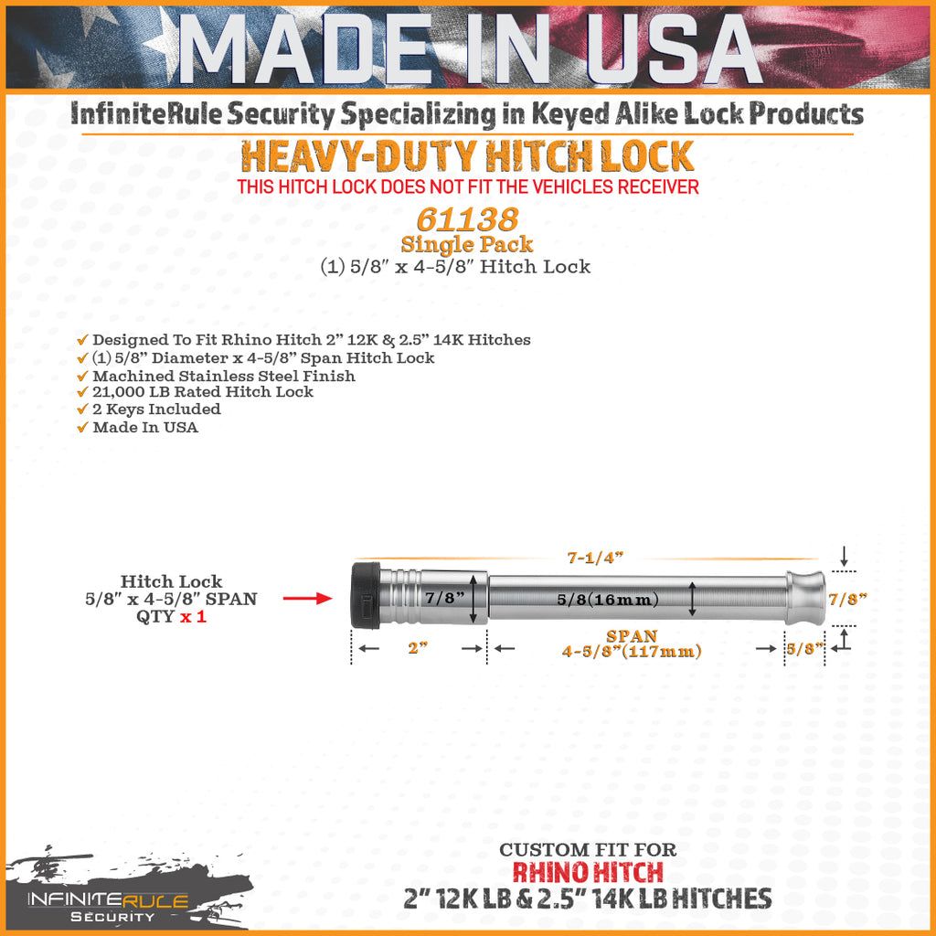 61138 | Hitch Lock For Rhino Hitch 2.0" 12K & 2.5" 14K LB Hitches - Fits Adjustable Ball Mount Only - DOES NOT FIT Vehicle Re