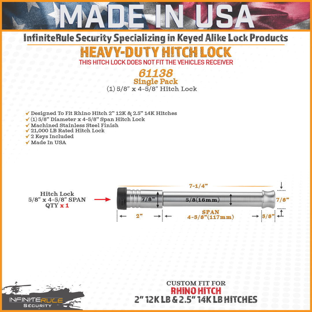 61138 | Hitch Lock For Rhino Hitch 2.0" 12K & 2.5" 14K LB Hitches - Fits Adjustable Ball Mount Only - DOES NOT FIT Vehicle Re