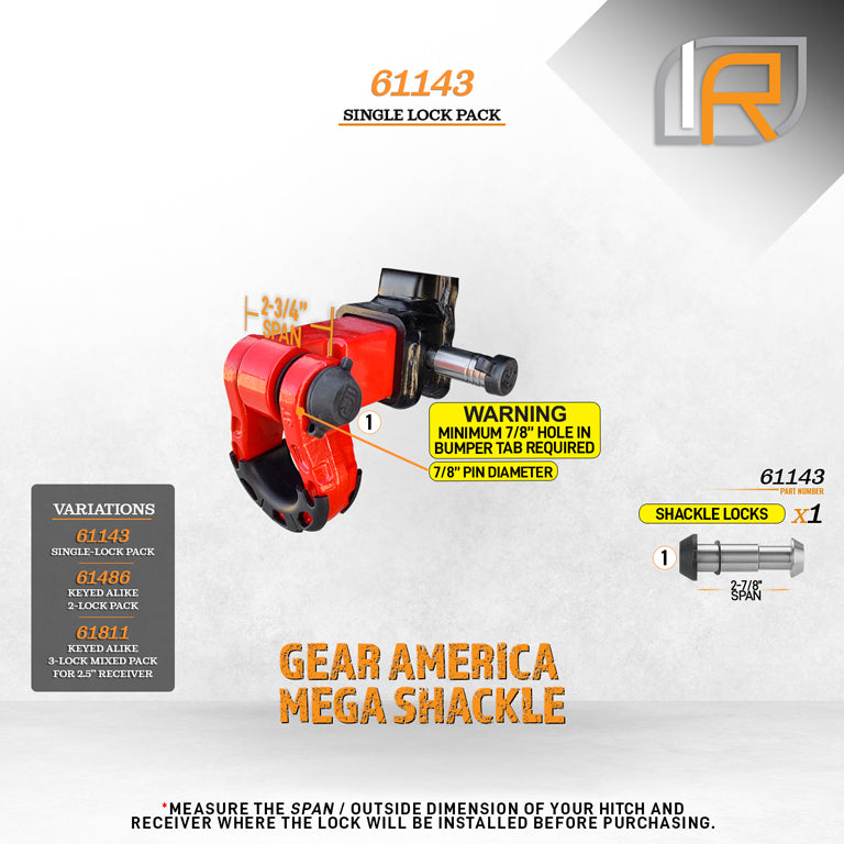 61143 | Shackle Lock For Gear America Mega Shackle - DOES NOT FIT OTHER STYLE HOOKS & SHACKLES