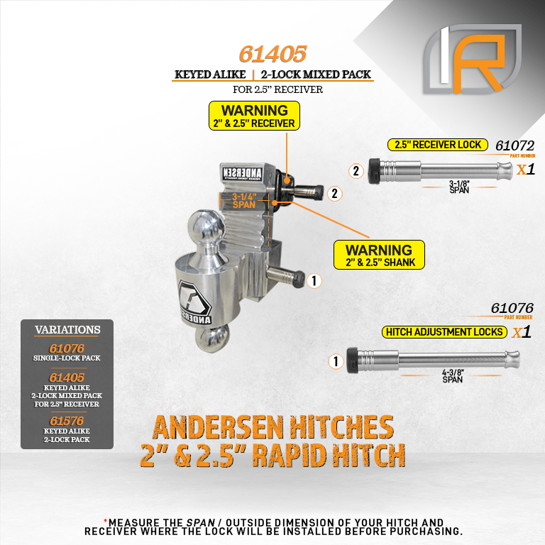 61405 | 2 Pack Mixed 2.5, Keyed Alike, Hitch Lock For Andersen Rapid Drop Hitch - Includes Lock For 2.5" Receiver