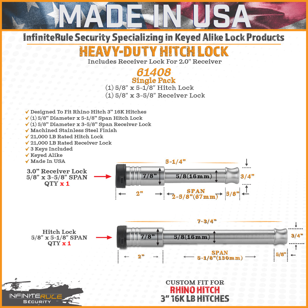 61408 | 2 Pack Mixed 3.0, Keyed Alike, Hitch Lock For Rhino Hitch 3.0" 16K LB Adjustable Hitch - Includes Lock For 3.0" Recei