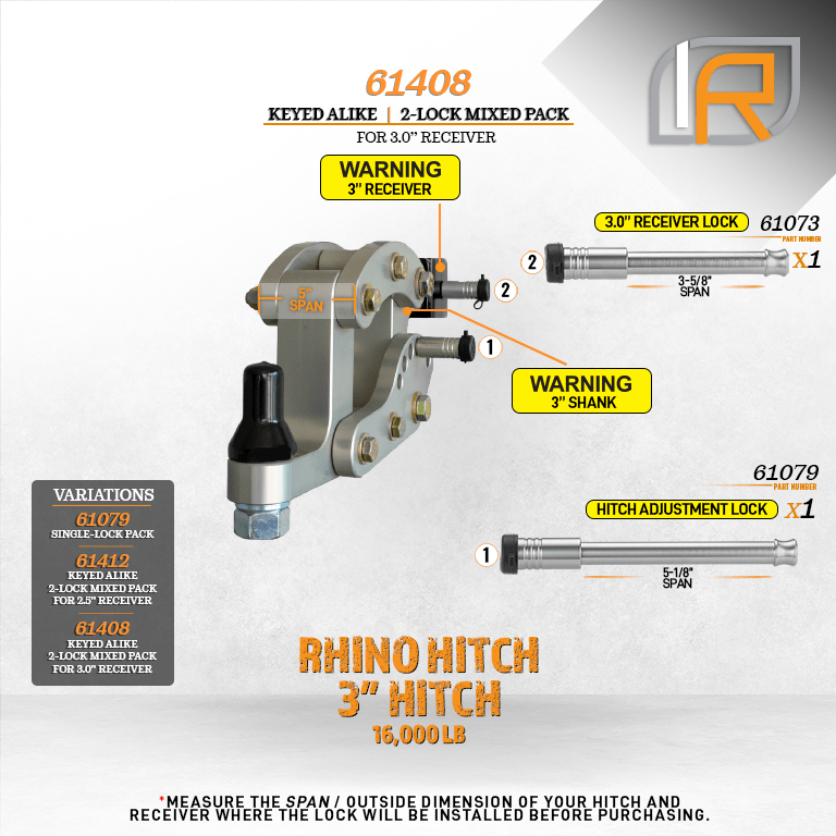 61408 | 2 Pack Mixed 3.0, Keyed Alike, Hitch Lock For Rhino Hitch 3.0" 16K LB Adjustable Hitch - Includes Lock For 3.0" Recei