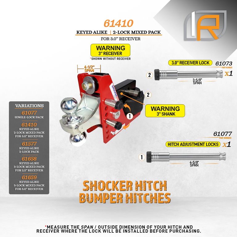 61410 | 2 Pack Mixed 3.0, Keyed Alike, Hitch Lock For Shocker Hitch Bumper Hitch - Includes Lock For 3.0" Receiver