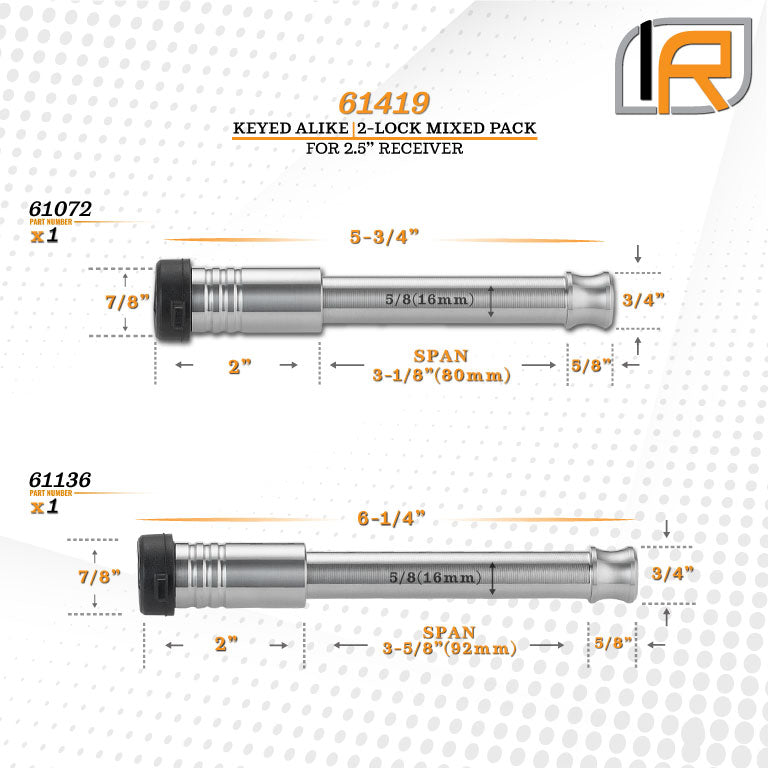 61419 | 2 Pack Mixed 2.5, Keyed Alike, Hitch Lock For Rhino Hitch 2.0" 10K LB Hitch - Includes Lock For 2.5" Receiver