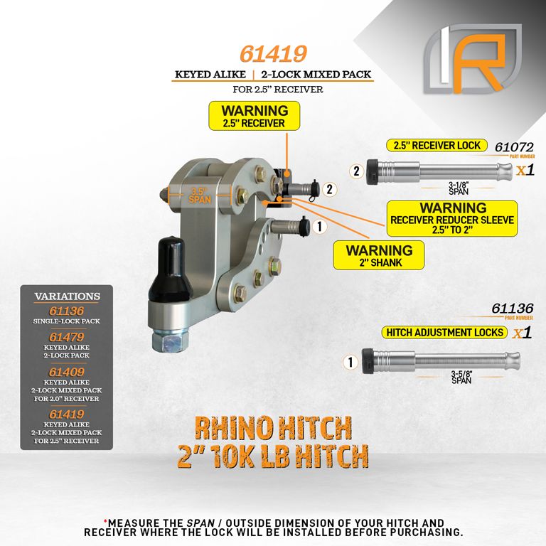 61419 | 2 Pack Mixed 2.5, Keyed Alike, Hitch Lock For Rhino Hitch 2.0" 10K LB Hitch - Includes Lock For 2.5" Receiver