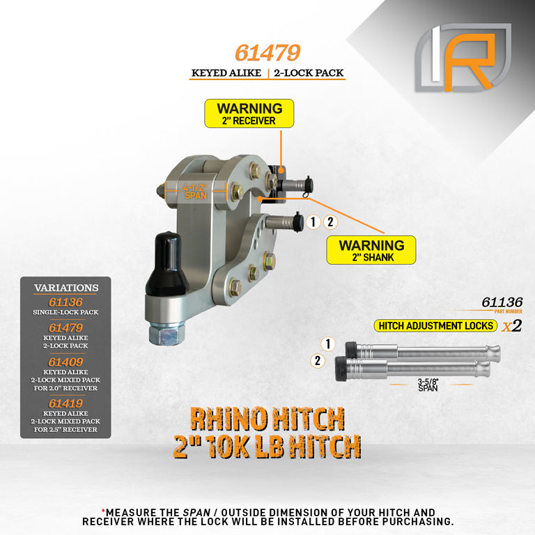 61479 | 2 Pack, Keyed Alike, Hitch Locks For Rhino Hitch 2.0" 10K LB Hitch - Fits Adjustable Ball Mount Only - DOES NOT FIT V