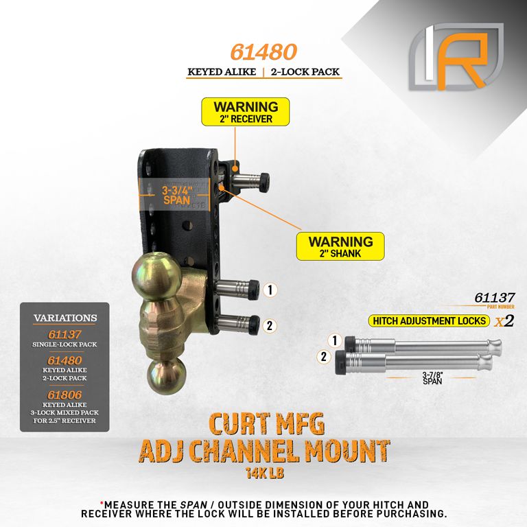 61480 | 2 Pack, Keyed Alike, Hitch Locks For Curt 2.0" Adjustable Channel Mount 14K LB Hitch - Fits Adjustable Ball Mount Onl