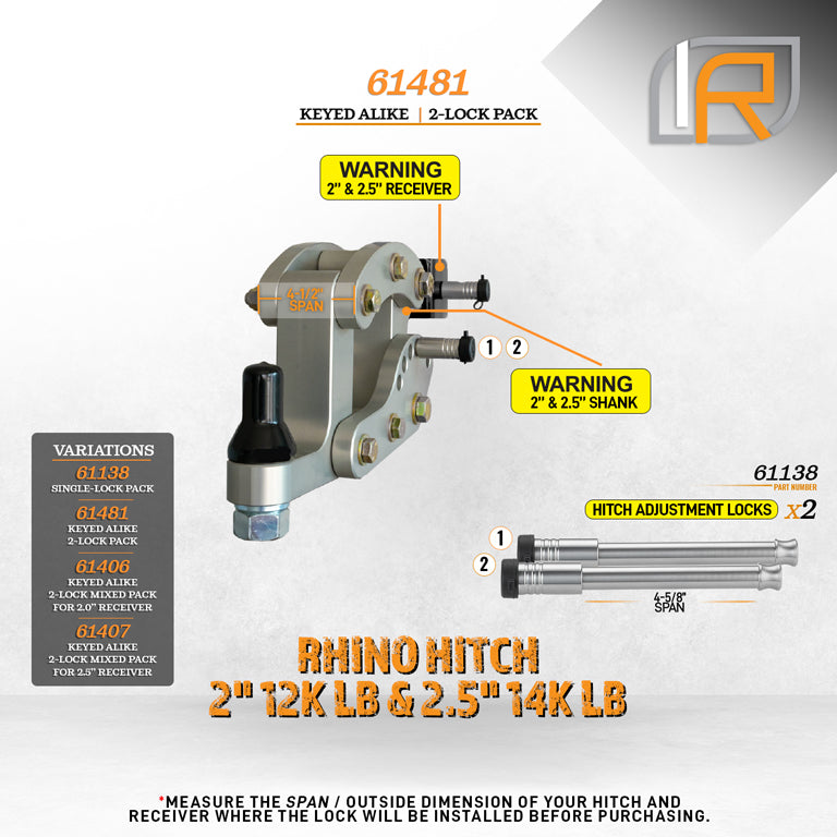 61481 | 2 Pack, Keyed Alike, Hitch Locks For Rhino Hitch 2.0" 12K & 2.5" 14K LB Hitches - Fits Adjustable Ball Mount Only - D