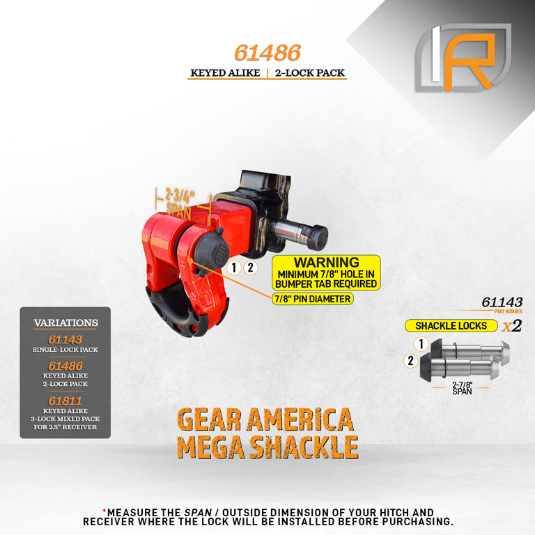 61486 | 2 Pack, Keyed Alike, Shackle Locks For Gear America Mega Shackle - DOES NOT FIT OTHER STYLE HOOKS & SHACKLES