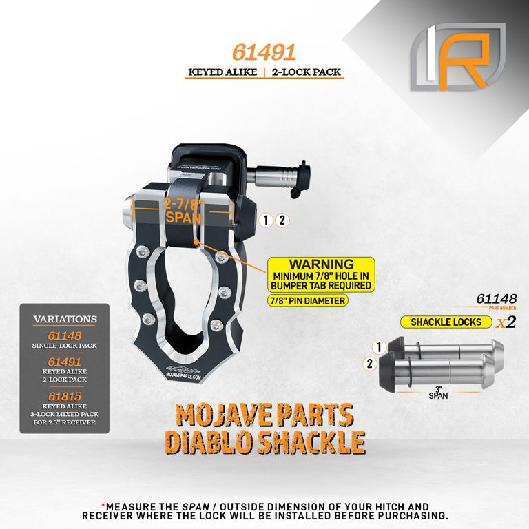 61491 | 2 Pack, Keyed Alike, Shackle Locks For Mojave Parts Diablo Shackle - DOES NOT FIT OTHER STYLE HOOKS & SHACKLES
